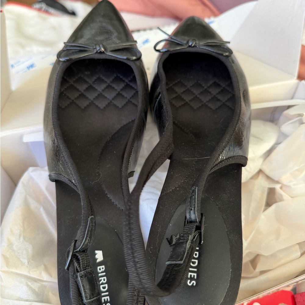 Birdies Black Pointed Slingback Flats with Bow Accent